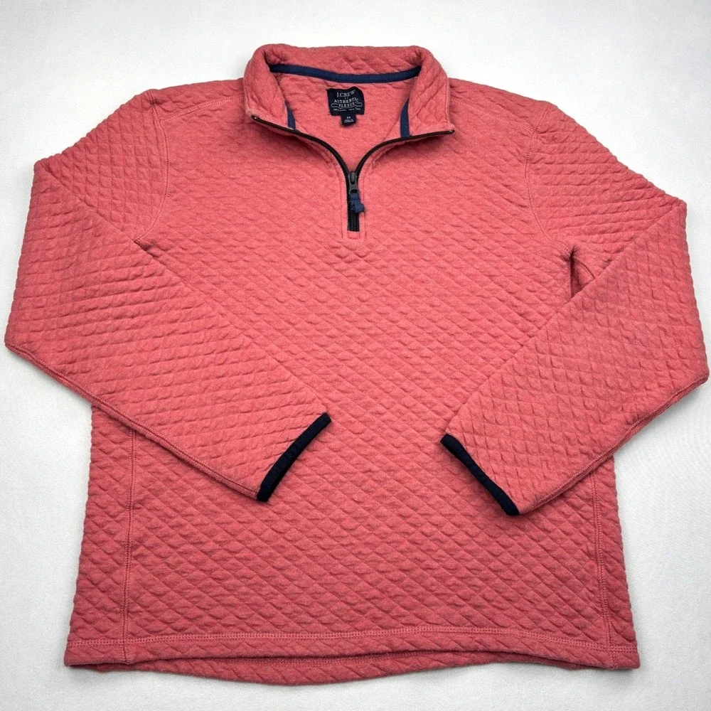 JCrew Mens Medium Coral Red Quilted Diamond Authentic Fleece Half Zip Pullover M